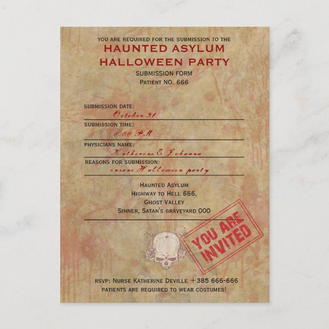 Haunted Asylum Halloween Party Postcard (Front)
