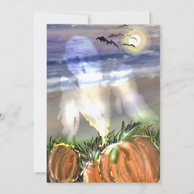 Haunted Beach With A Ghost And Pumpkins  Holiday Card (Front)