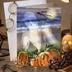 Haunted Beach With A Ghost And Pumpkins Holiday Card