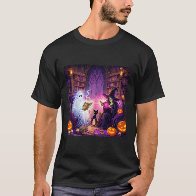 Haunted Bookstore Halloween Retro Bookish Witch Bo T-Shirt (Front)