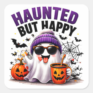 Haunted But Happy Funny Ghost Pumpkin Halloween Square Sticker