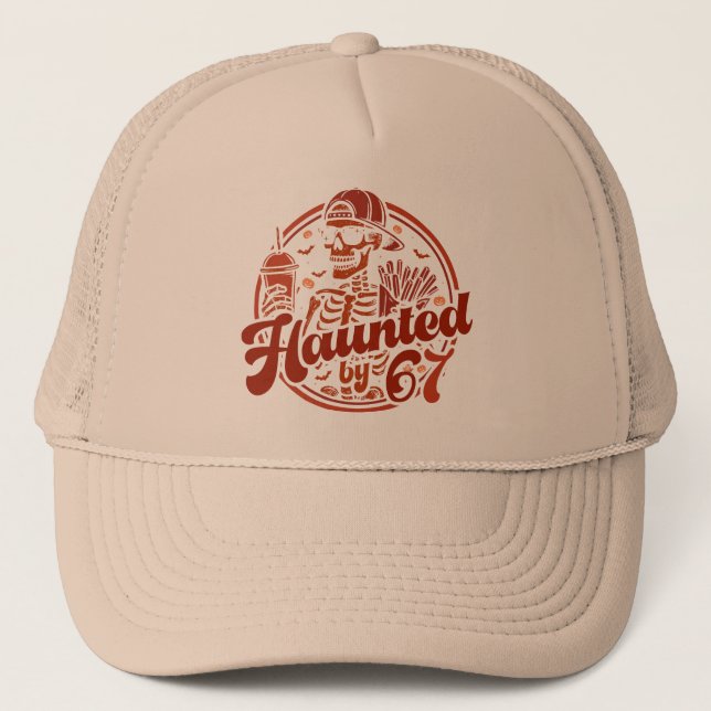 Haunted By 67 Funny Halloween Six Seven 67 Meme Trucker Hat (Front)