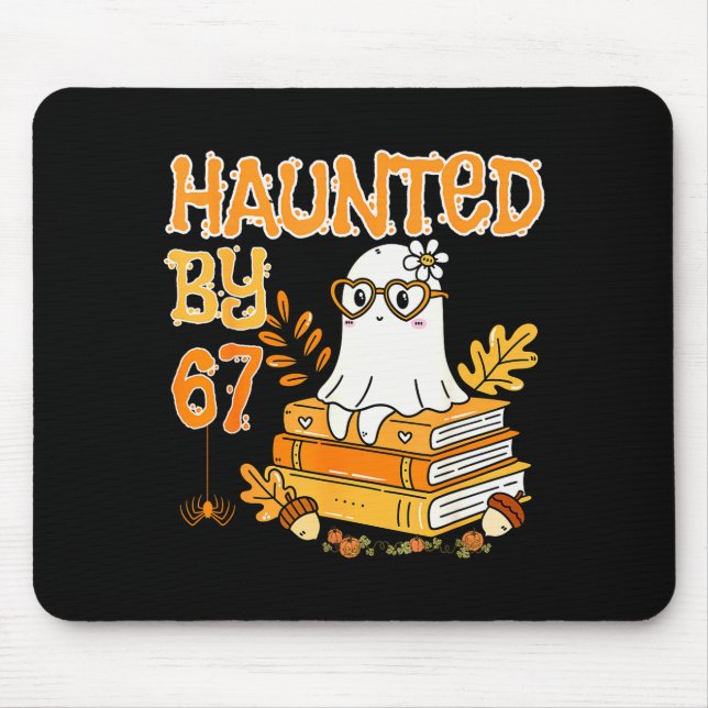 Haunted By 67 Funny Reading Ghost And Pumpkin Hall Mouse Mat (Front)