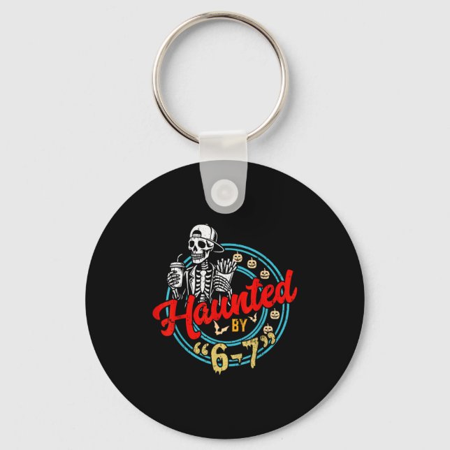 Haunted By 67 Funny Skeleton And Pumpkin Halloween Key Ring (Front)