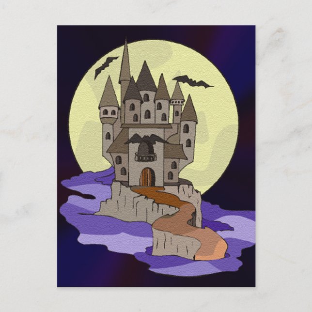 Haunted Castle, Bats and Full Moon Cartoon Postcard (Front)