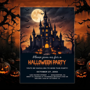 Haunted Castle Bats Trees Spooky Halloween Party Invitation