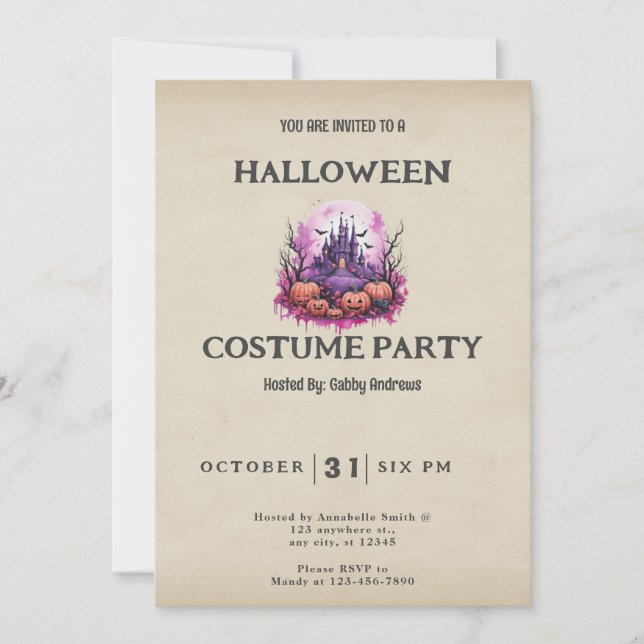 Haunted Castle Full Moon Bats Vintage Halloween Invitation (Front)