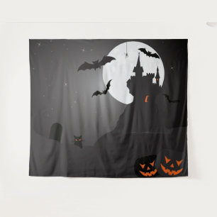 Haunted Castle Full Moon Halloween Photo Backdrop Tapestry