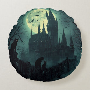 Haunted Castle Halloween Round Pillow