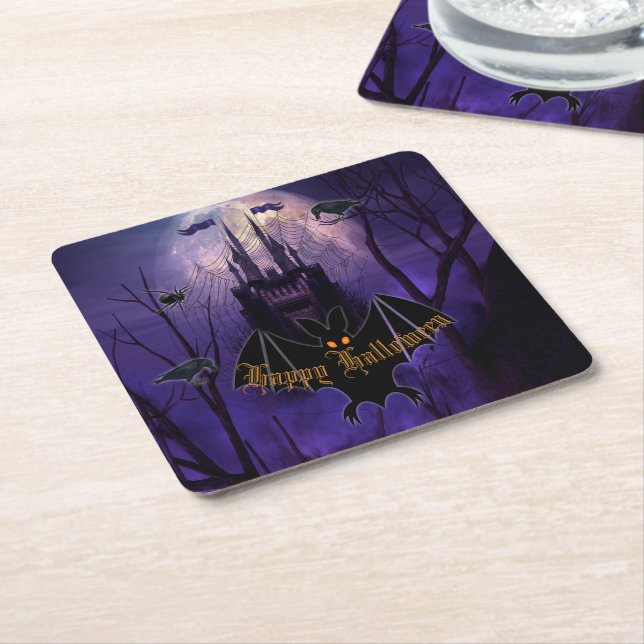 Haunted Castle Halloween Square Paper Coaster (Angled)