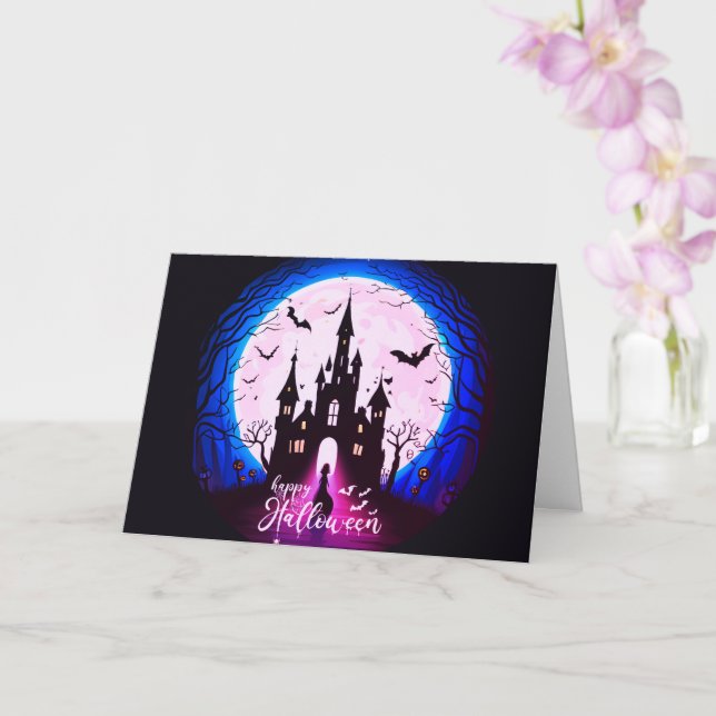 Haunted Castle Happy Halloween Creepy Card (Orchid)
