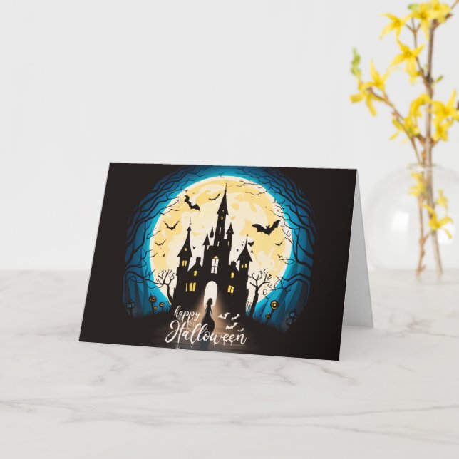 Haunted Castle Happy Halloween Creepy Card (Yellow Flower)