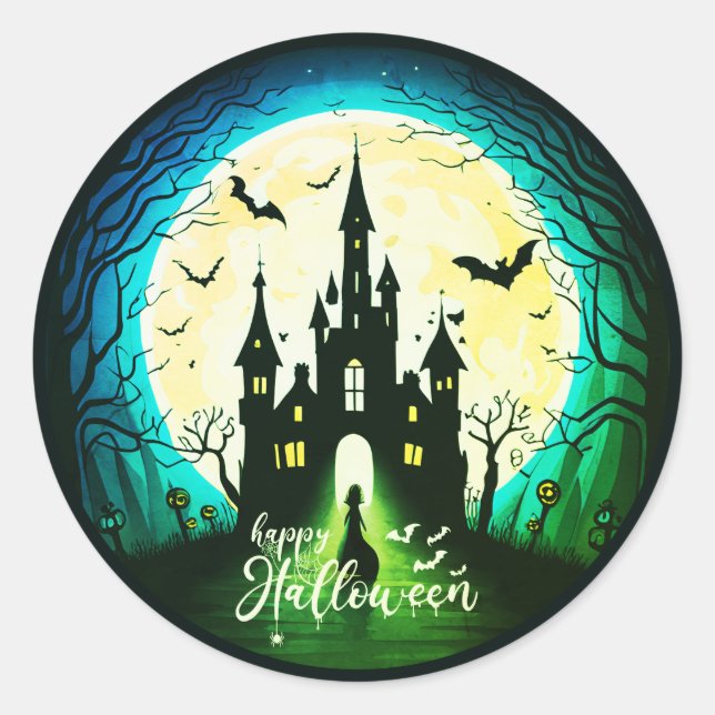 Haunted Castle Happy Halloween Creepy Classic Round Sticker (Front)