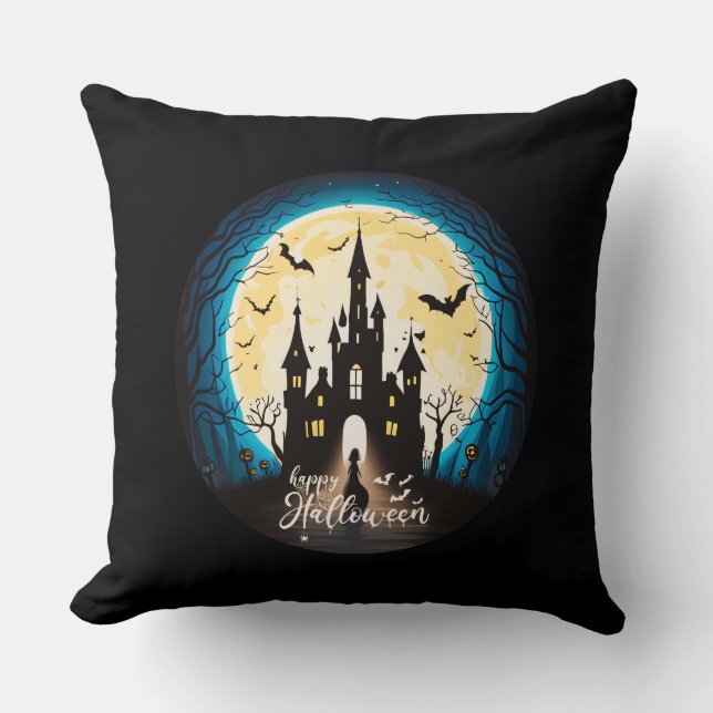 Haunted Castle Happy Halloween Creepy Cushion (Front)