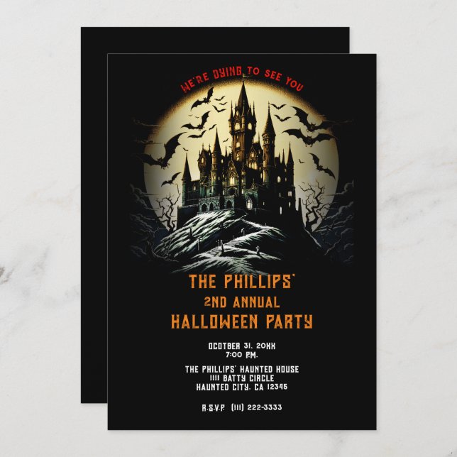Haunted Castle on Cemetery Hill Halloween Party Invitation (Front/Back)
