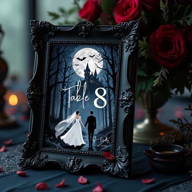 Haunted Castle Wedding Couple Spooky Forest Toward Table Number (Spooky Forest Wedding Couple Toward Haunted Castle Table Numbers for Single-Digit Tables.)