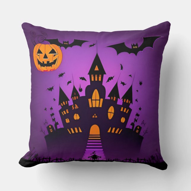 Haunted Castle With Pumpkins Bats Cushion (Front)