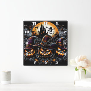 Haunted castle with spooky pumpkins square wall clock