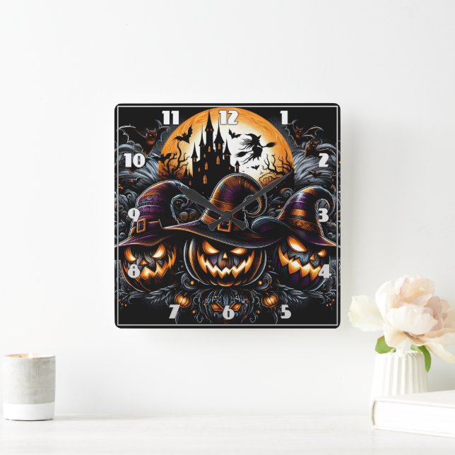Haunted castle with spooky pumpkins square wall clock (Home)