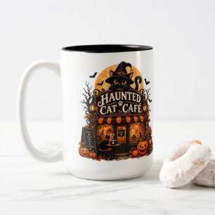 Haunted Cat Cafe Black Cat Halloween Vintage Spook Two-Tone Coffee Mug
