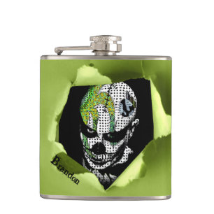 Haunted Clown Shown through Ripped Hole Hip Flask