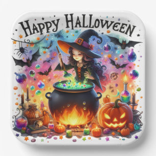 Haunted Colourful Happy Halloween Witch Paper Plat Paper Plate