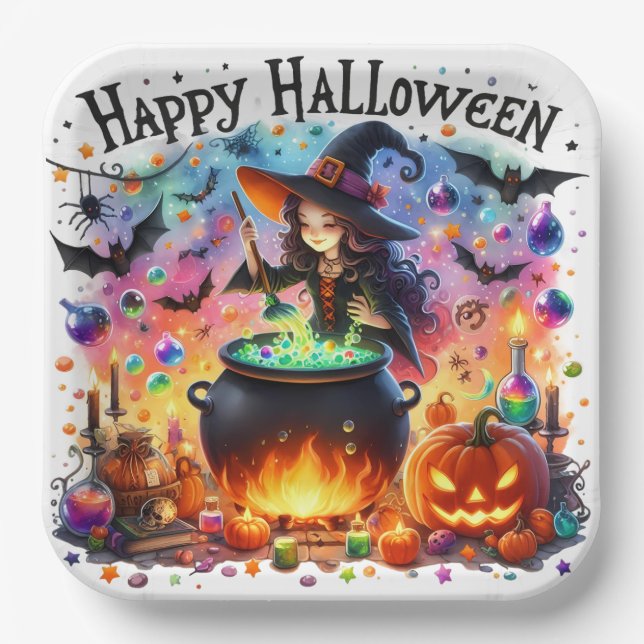 Haunted Colourful Happy Halloween Witch Paper Plat Paper Plate (Front)