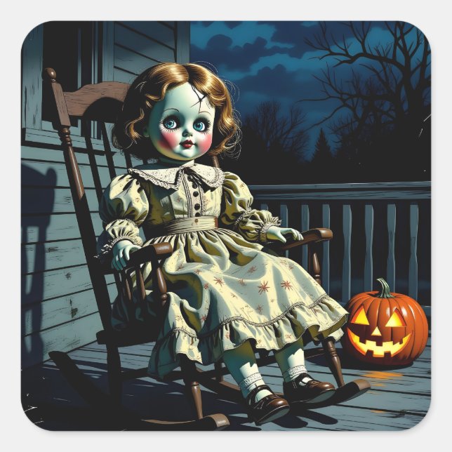Haunted Doll and Halloween Pumpkin Square Sticker (Front)