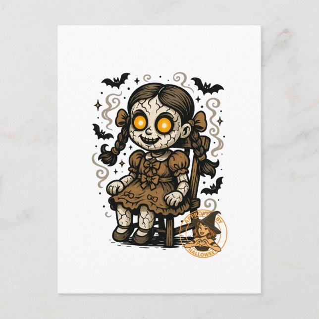 Haunted Doll – Halloween Cartoon Postcard (Front)