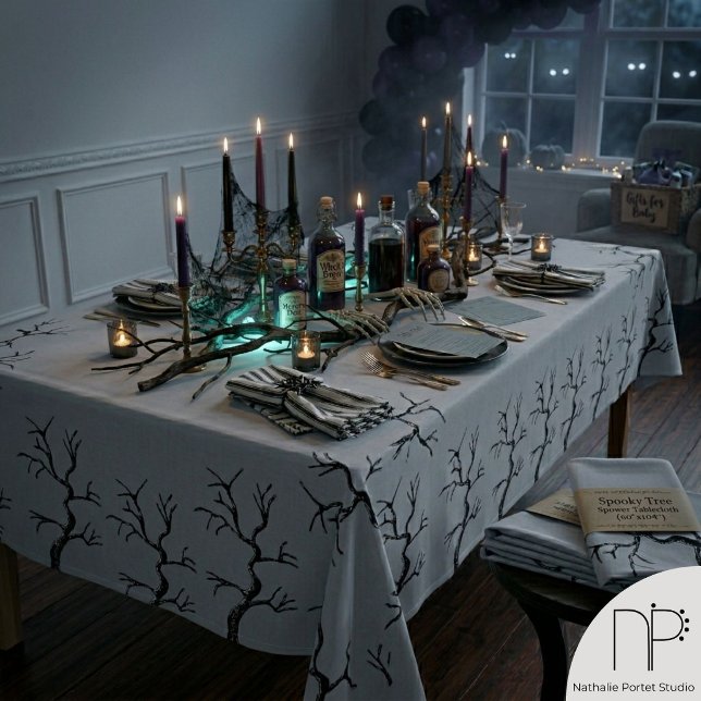 Haunted Eerie Oaks Halloween Tablecloth (Hand drawn eerie oak tree Halloween tablecloth for a sophisticated spooky party decor)