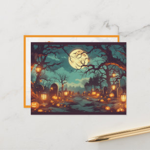 Haunted Forest Path at Halloween Night Holiday Postcard