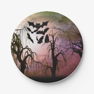 Haunted Forest with Bats Cartoon Paper Plate