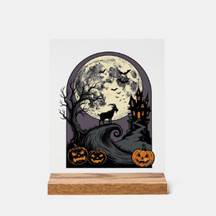 Haunted Goat Moon Vintage Halloween Silhouette Art Acrylic Sign