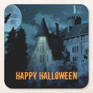 Haunted Goth Mansion Halloween Square Paper Coaster