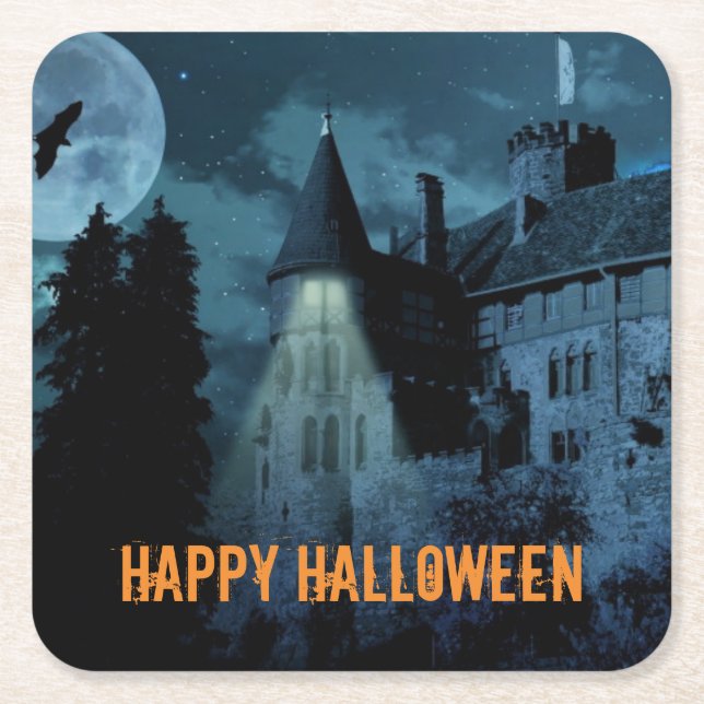Haunted Goth Mansion Halloween  Square Paper Coaster (Front)