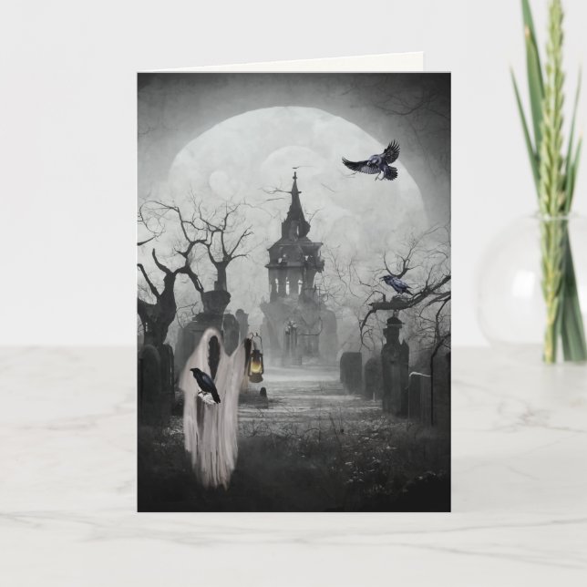 Haunted Graveyard and Gate Keeper Scary Halloween Card (Front)
