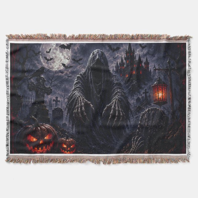 Haunted Grim Reaper Halloween Throw Blanket – Goth (Front)