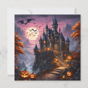 Haunted Halloween Castle and Pumpkins Holiday Card