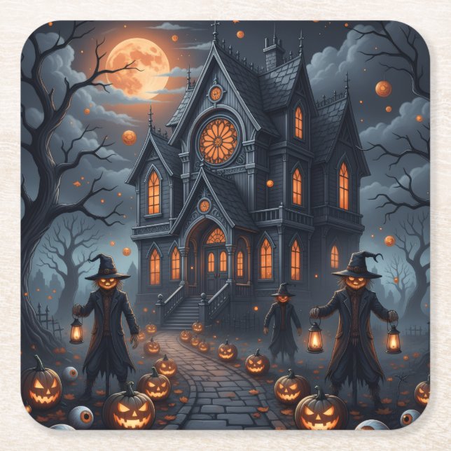 Haunted Halloween castle Square Paper Coaster (Front)