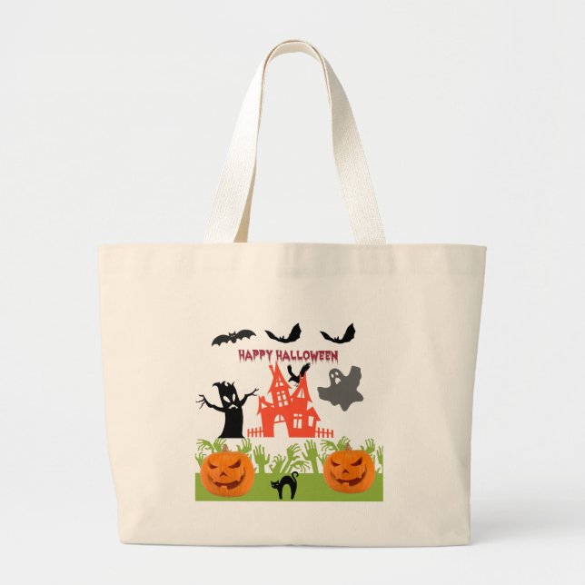 Haunted Halloween Floating Scene Art Large Tote Bag (Front)