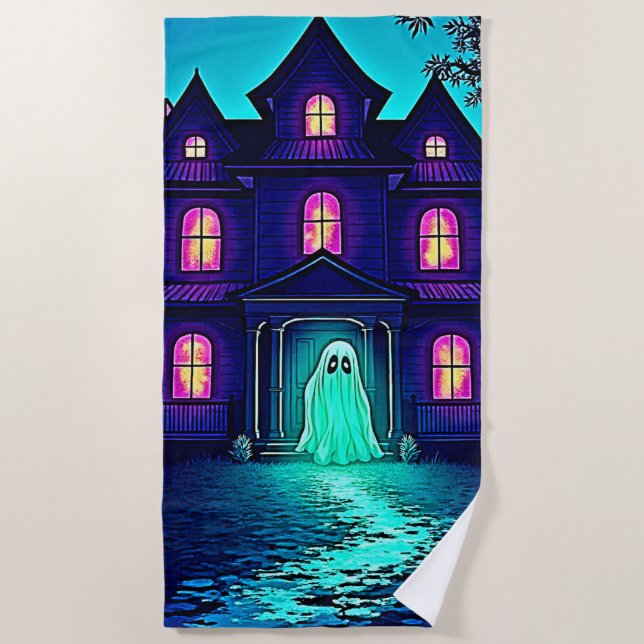 Haunted Halloween Ghost House Design Beach Towel (Front)