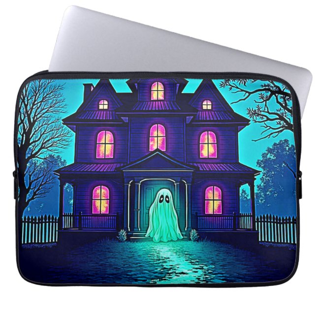 Haunted Halloween Ghost House Design Laptop Sleeve (Front)