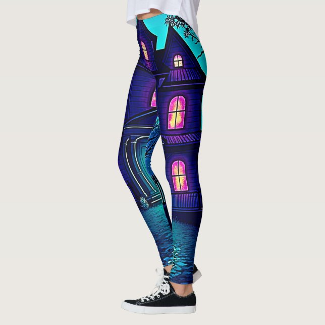 Haunted Halloween Ghost House Design Leggings (Left)
