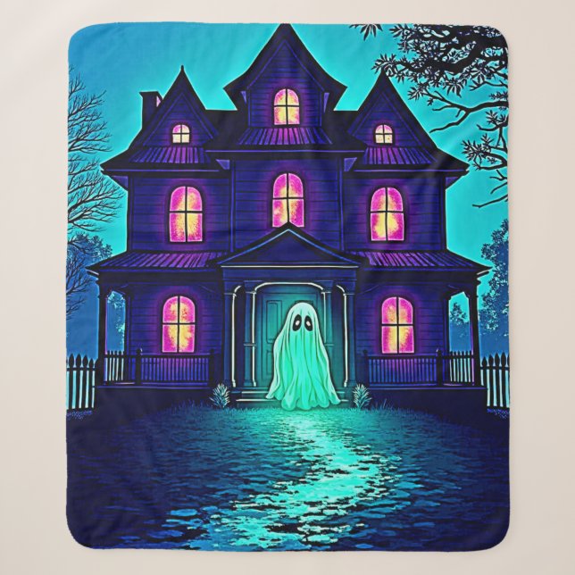 Haunted Halloween Ghost House Design Sherpa Blanket (Front)