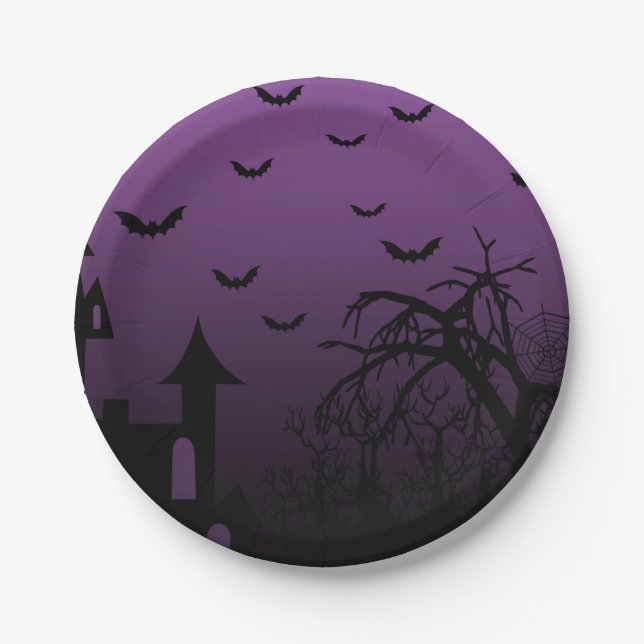 Haunted Halloween House Bats Trees Paper Plate (Front)