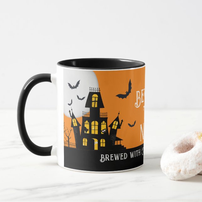 Haunted Halloween House Vampire Bat Black Cat Mug (With Donut)