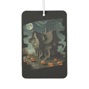 Haunted Halloween House with Pumpkins & Full Moon Car Air Freshener
