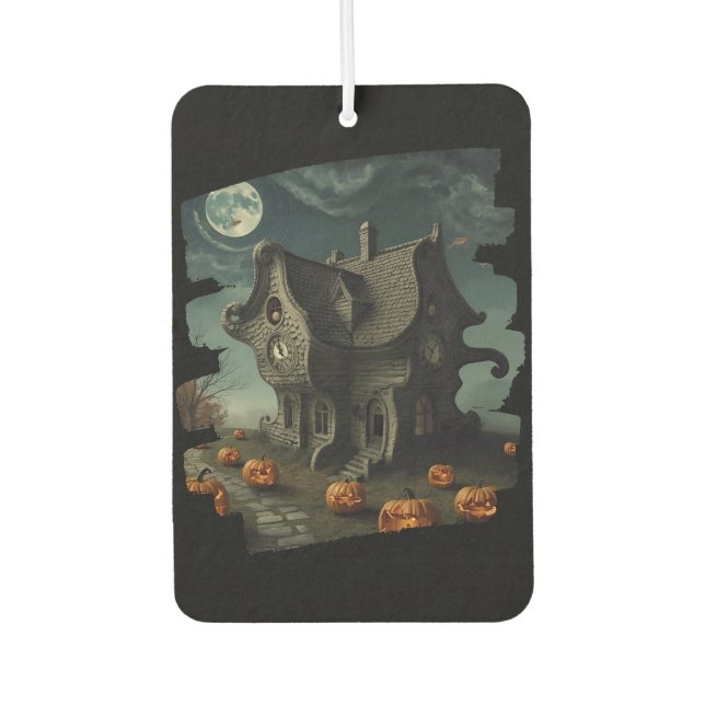 Haunted Halloween House with Pumpkins & Full Moon Car Air Freshener (Front)
