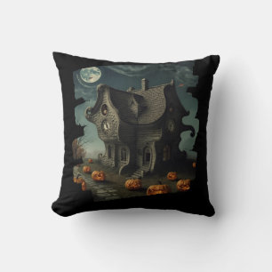 Haunted Halloween House with Pumpkins & Full Moon Cushion