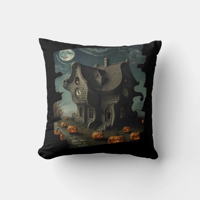 Haunted Halloween House with Pumpkins & Full Moon Cushion (Front)